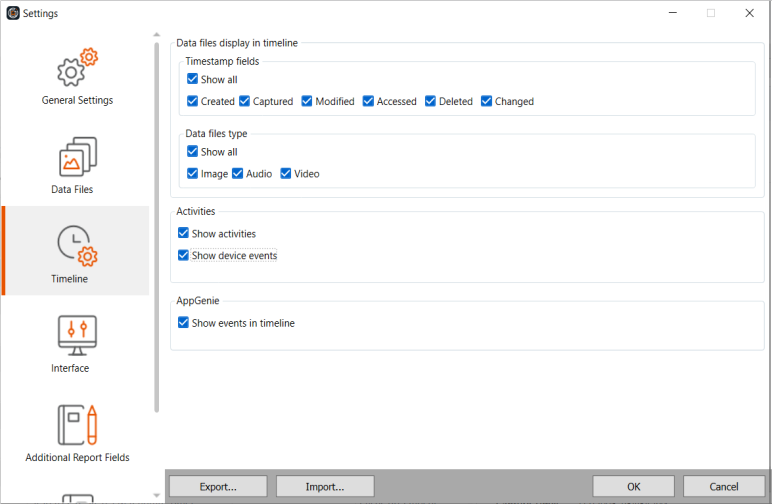 Cellebrite Timeline Settings Screen