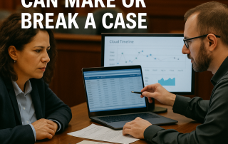 Defense attorney reviewing digital evidence on laptop and charts in courtroom with expert support – IRIS LLC