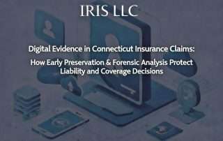 Title slide for IRIS LLC presentation on digital evidence in Connecticut insurance claims focusing on early preservation and forensic analysis.