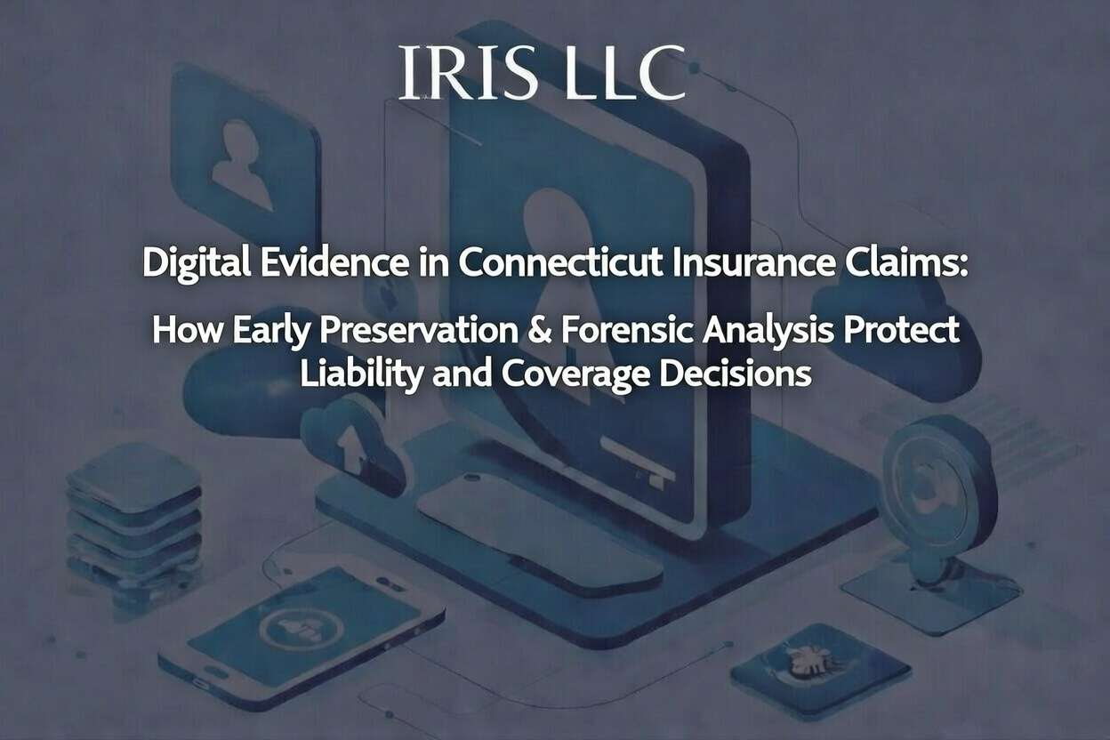 Title slide for IRIS LLC presentation on digital evidence in Connecticut insurance claims focusing on early preservation and forensic analysis.
