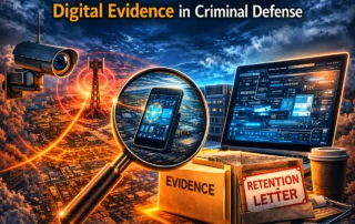 Picture with the test "The Srategic value of early case assessment and triage for time sensative digital evidence in criminal defense" with gray clouds on the bottom half of the picture, and blue sky and horizon above it with an old style CCTV camera, a magnifying glass over a phone, a laptop, and an evidence cardboard box.