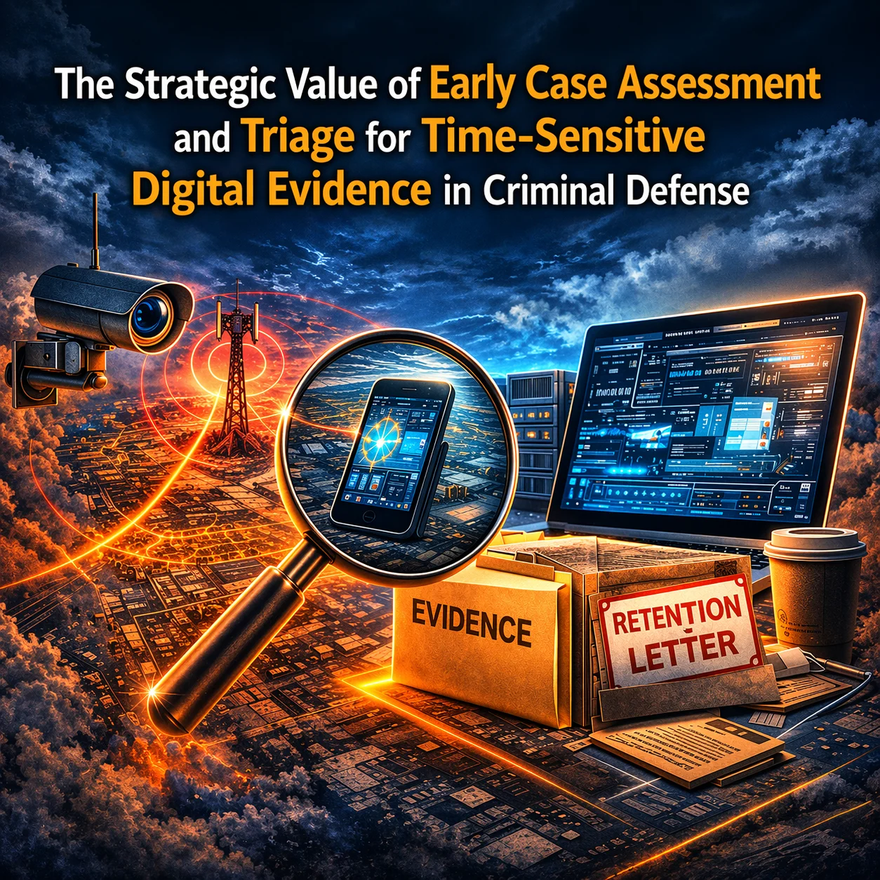 Picture with the test "The Srategic value of early case assessment and triage for time sensative digital evidence in criminal defense" with gray clouds on the bottom half of the picture, and blue sky and horizon above it with an old style CCTV camera, a magnifying glass over a phone, a laptop, and an evidence cardboard box.
